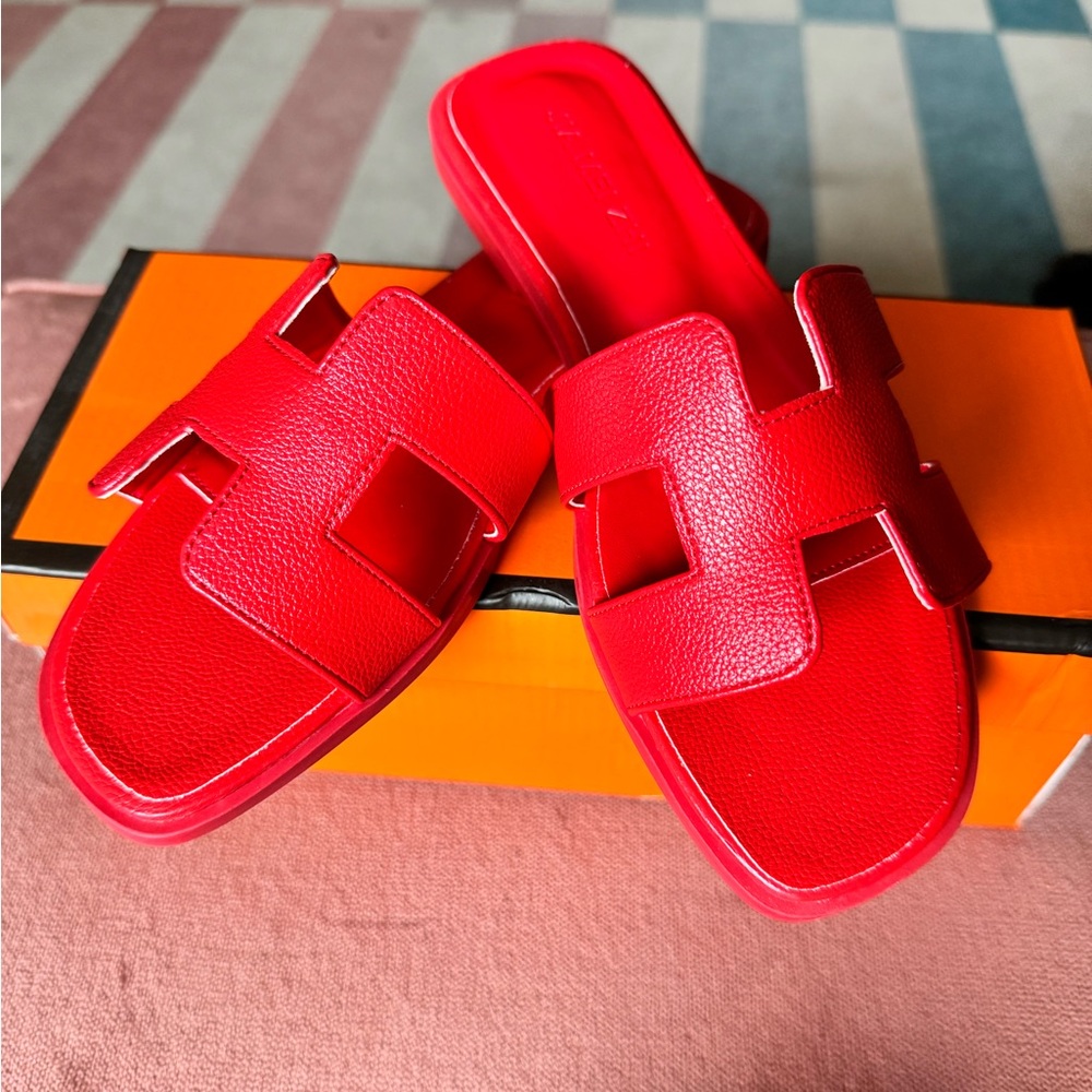 Red Pebbled Leather H Sandals